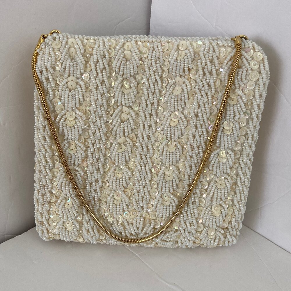 Antique Off White Square Beaded Evening Cocktail Handbag Gold Chain - Picture 5 of 7